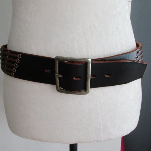 Southwestern Boho Genuine Leather Belt Sz. M Black Brown Woven detail 1.5\